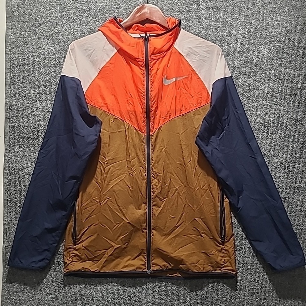 Nike Windrunner Jacket Mens Small Orange Tan Navy Hooded Windbreaker RN#‎ 56323